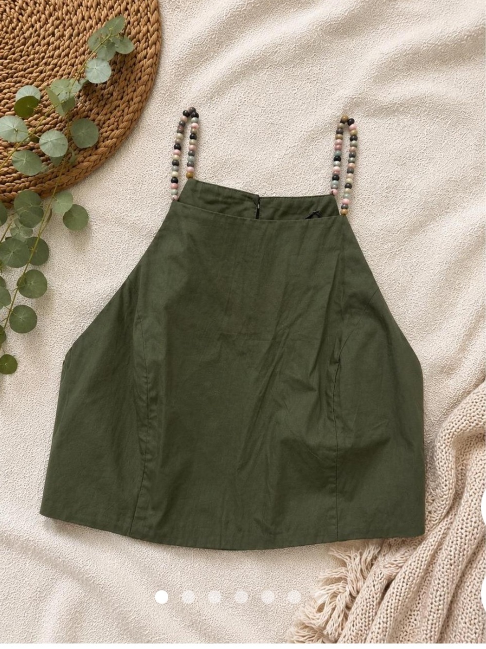 NWT House of Harlow Olive Green Beaded-Strap Halter Crop Top, Size Medium